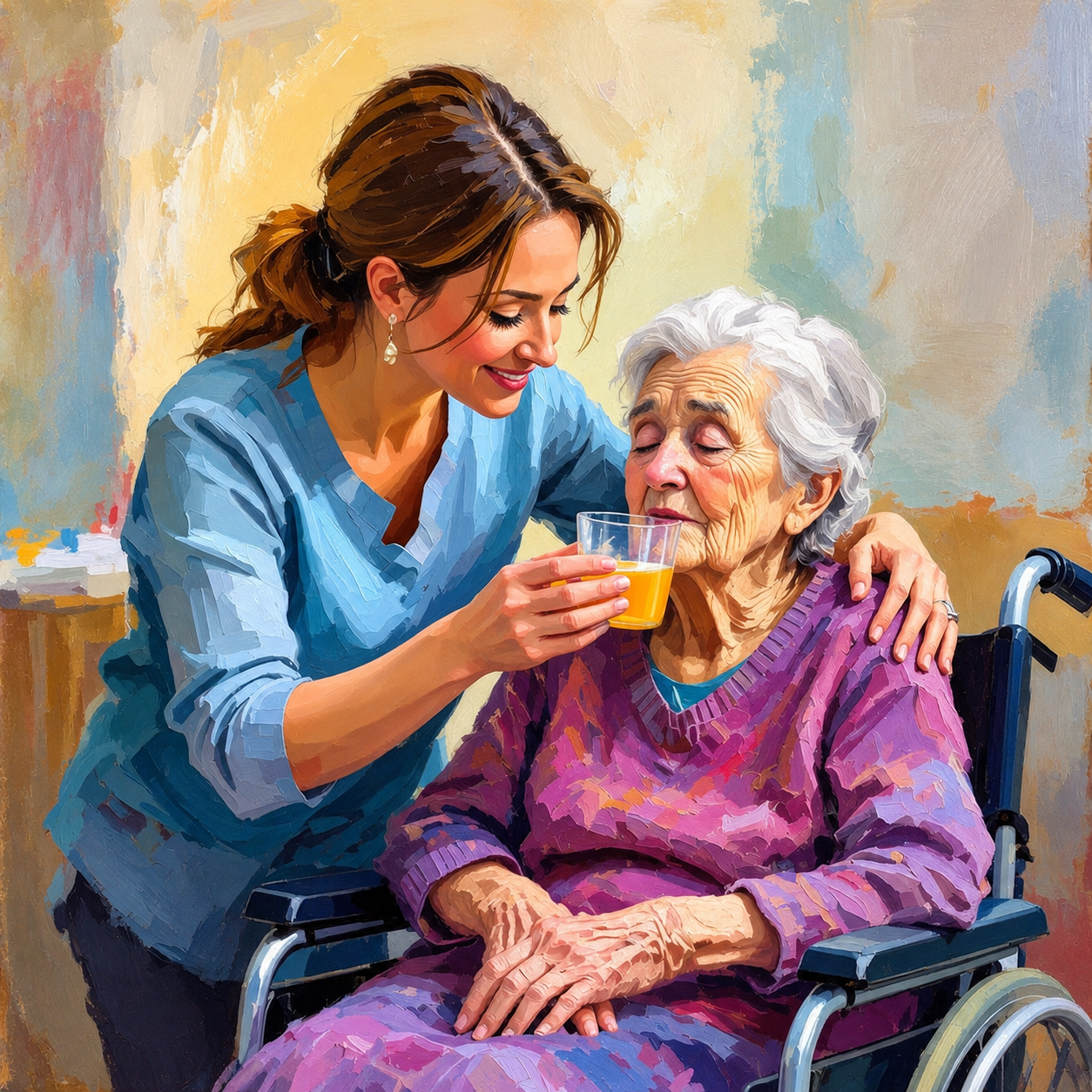 Caregiver providing compassionate care to a senior resident