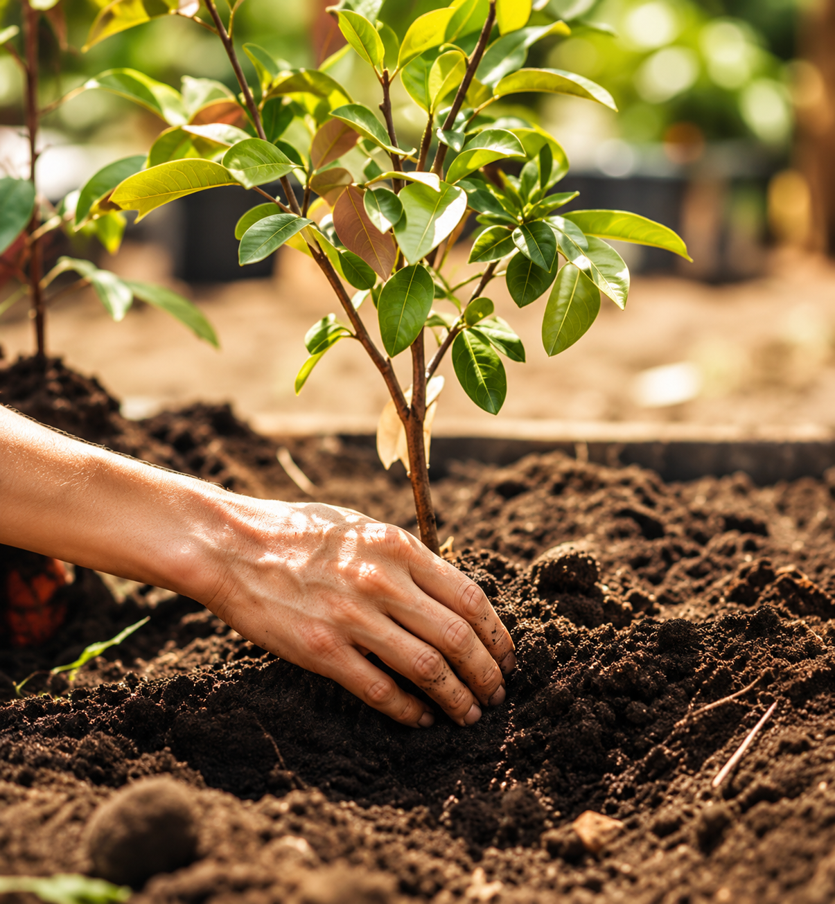 Planting a young tree as part of environmental activities
