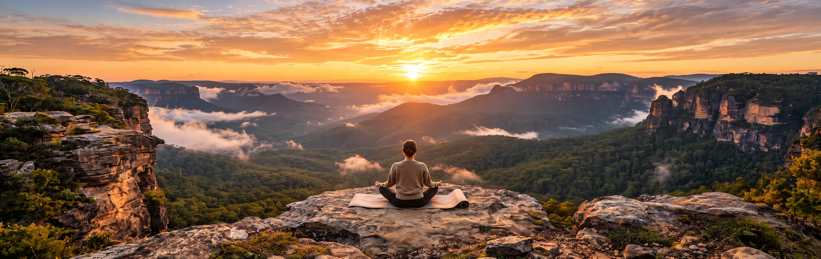 Yoga and meditation at sunrise over misty mountain valleys